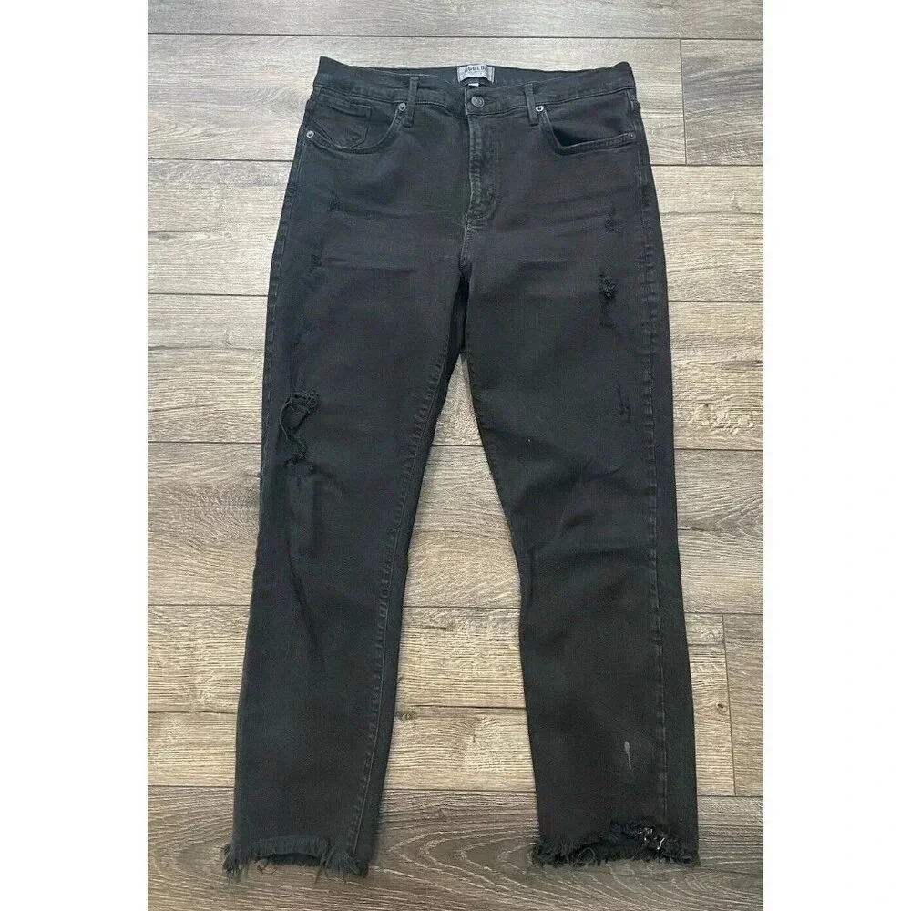 AGOLDE Sophie High Rise Skinny Crop Distressed Jeans Raw Hem Black Size 32